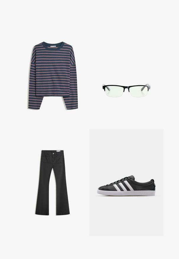 Zwarte nepbontjas met een ritssluiting aan de voorkant, capuchon en zijzakken. Beschikt over een gladde textuur en een losvallende pasvorm voor comfort.; Marineblauwe longsleeve top met witte en roze horizontale strepen; ronde hals; relaxte pasvorm; zachte stof; zijsplitten aan de onderkant voor meer bewegingsgemak.; Zwarte flared jeans van denim met een gladde textuur, voorzien van twee achterzakken en een knoopsluiting bij de taille.; Zwarte lederen sneaker met een witte drie-strepen ontwerp, ronde neus, platte witte rubberen zool en merkdetail aan de zijkant.; Zwarte rechthoekige bril met heldere glazen, uitgerust met slanke zwarte monturen en grijs transparante pootjes. Minimalistisch ontwerp, geen zichtbare merknaam.