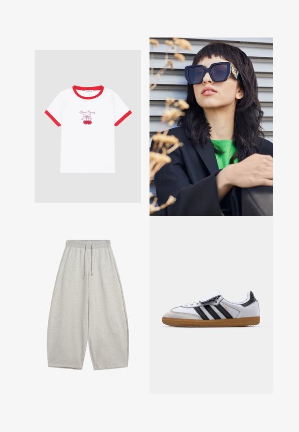 Musta keinoturkki takki, jossa on vetoketju edessä, huppu ja sivutaskut. Ominaisuuksina sileä pinta ja rento istuvuus mukavuutta varten.; Valkoinen T-paita, jossa on punaiset ribbireunukset kauluksessa ja hihoissa, ja jossa on pinkki kirsikoiden grafiikka ja teksti "Makea Kirsikka" alla.; Vaaleanharmaat leveälahkeiset collegehousut, joissa on elastinen vyötärö ja nyöri, sivutaskut ja rento istuvuus.; Valkoiset nahkakengät mustilla raidoilla ja harmailla yksityiskohdilla, joissa on pyöreä kärki ja kumipohja. Tarranauha ja nauhakiristys.; Yli suuri musta aurinkolasit paksulla kehällä ja kultaisella korostuksella, käytetty mustan bleiserin ja kirkkaan vihreän paidan kanssa vaakasuoraa taustaa vasten.; Bordeaux nahkalaukku, jossa on kaareva kahva ja pehmeä, teksturoitu pinta. Varustettu vetoketjulla ja minimaalisen ompelun yksityiskohdilla.