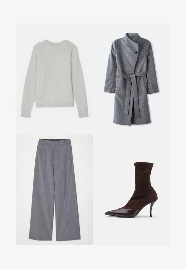 Palton lung din lână gri, cu guler înalt, închidere cu un singur nasture negru aproape de gât, două buzunare laterale și curea asortată legată la talie.; Pulover tricotat gri deschis cu guler rotund ribtit și manșete ribtite. Fit clasic și textură moale, fără modele sau desene vizibile.; MM6 Maison Margiela PANTS - Pantaloni - grey melange; Botine din suede maro cu vârf ascuțit și capac din piele patent burgundie lucioasă, având un toc subțire de tip stiletto și un brâu texturat.