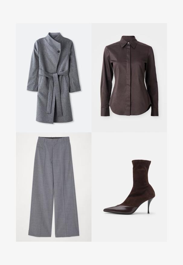 Hosszú szürke gyapjú kabát magas gallérral, egyetlen fekete gombos záródással a nyaknál, két oldalsó zsebbel és a deréknál megkötött passzoló övvel.; Sötétbarna, hosszú ujjú, gombos ing hegyes gallérral és rejtett gombolással fehér háttér előtt.; MM6 Maison Margiela PANTS - Nadrágok - grey melange; Barna velúr bokacsizma hegyes orral és fényes burgundi lakkbőr orrborítással, vékony stiletto sarokkal és texturált felsőrésszel.
