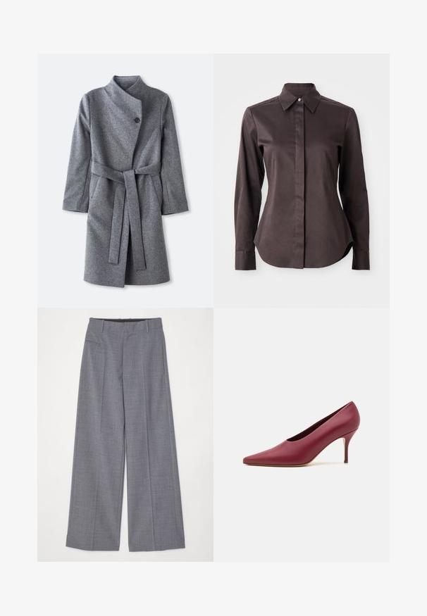 Dlouhý šedý vlněný kabát s vysokým límcem, zapínání na jeden černý knoflík u krku, dvě boční kapsy a odpovídající opasek zavázaný v pase.; Tmavě hnědá košile s dlouhým rukávem, zapínáním na knoflíky a špičatým límečkem, na bílém pozadí.; MM6 Maison Margiela PANTS - Kalhoty - grey melange; Burgundské kožené lodičky na vysokém podpatku s špičatou špičkou a hladkým povrchem, s úzkým podpatkem pro elegantní siluetu.