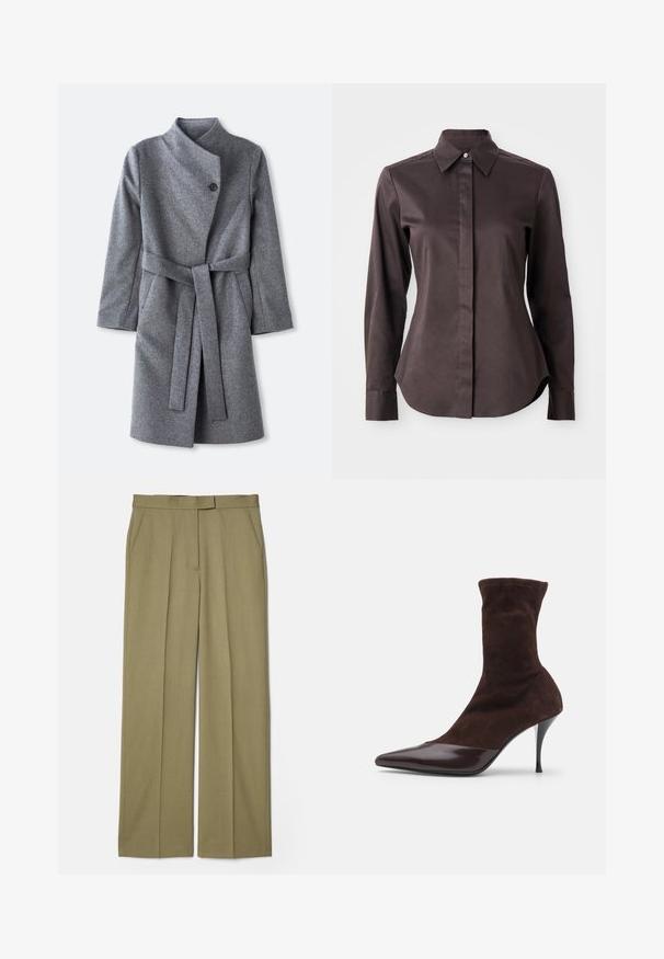Hosszú szürke gyapjú kabát magas gallérral, egyetlen fekete gombos záródással a nyaknál, két oldalsó zsebbel és a deréknál megkötött passzoló övvel.; Sötétbarna, hosszú ujjú, gombos ing hegyes gallérral és rejtett gombolással fehér háttér előtt.; Khaki pliszírozott nadrág egyenes szabással, texturált anyagból készült, két oldalsó zsebbel és sima derékkal.; Barna velúr bokacsizma hegyes orral és fényes burgundi lakkbőr orrborítással, vékony stiletto sarokkal és texturált felsőrésszel.