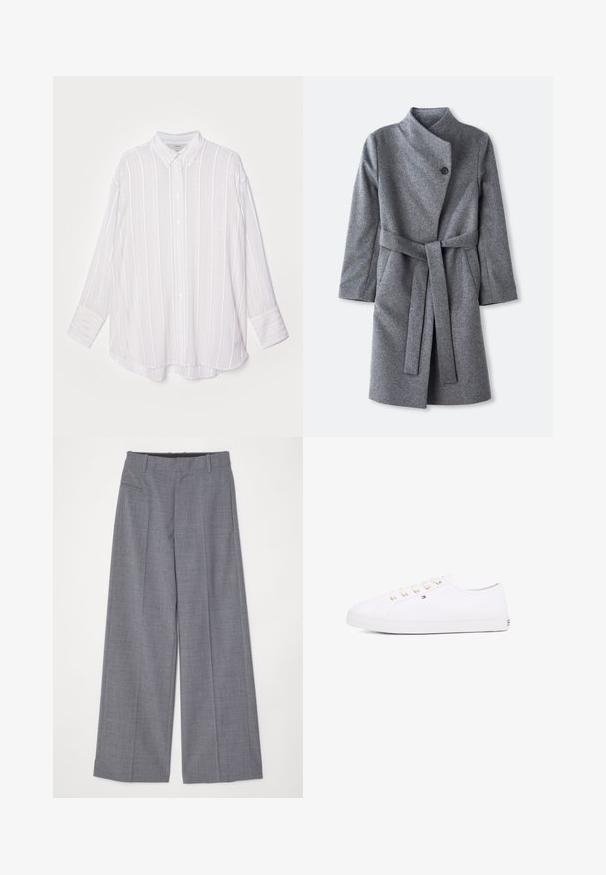 Long grey wool coat with high collar, single black button closure near neck, two side pockets, and matching belt tied at waist.; White long-sleeve shirt with vertical light gray stripes, button-down collar, and roll-up cuffs. Soft fabric with a slightly oversized fit.; MM6 Maison Margiela PANTS - Trousers - grey melange; White canvas sneaker with gold eyelets, flat laces, textured rubber sole, and minimal branding on the side. Low-profile design.