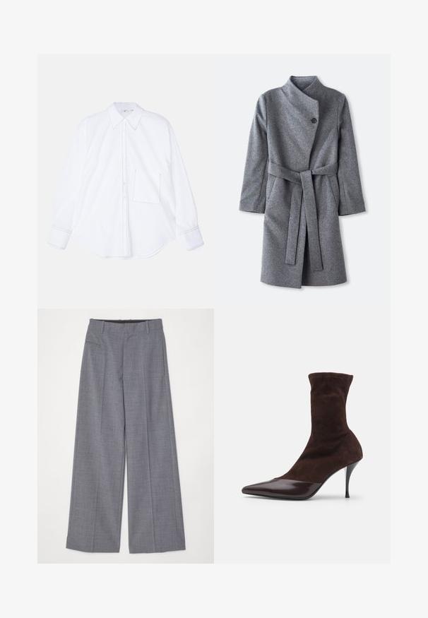 Dlhý sivý vlnený kabát s vysokým golierom, s jedným čiernym gombíkom na zapínanie pri krku, dvoma bočnými vreckami a zodpovedajúcim pásom zaviazaným v páse.; Biela košeľa s dlhým rukávom z hladkej tkaniny, s button-down prednou časťou, veľkým golierom, okrúhlym spodným lemom a jednou ľavou náprsníkou so stehovým detailom.; MM6 Maison Margiela PANTS - Nohavice - grey melange; Hnedé semišové kotníkové topánky s špicatou špičkou a lesklým burgundským lakovaným capom, s úzkym stilettom a textúrovaným zvrškom.