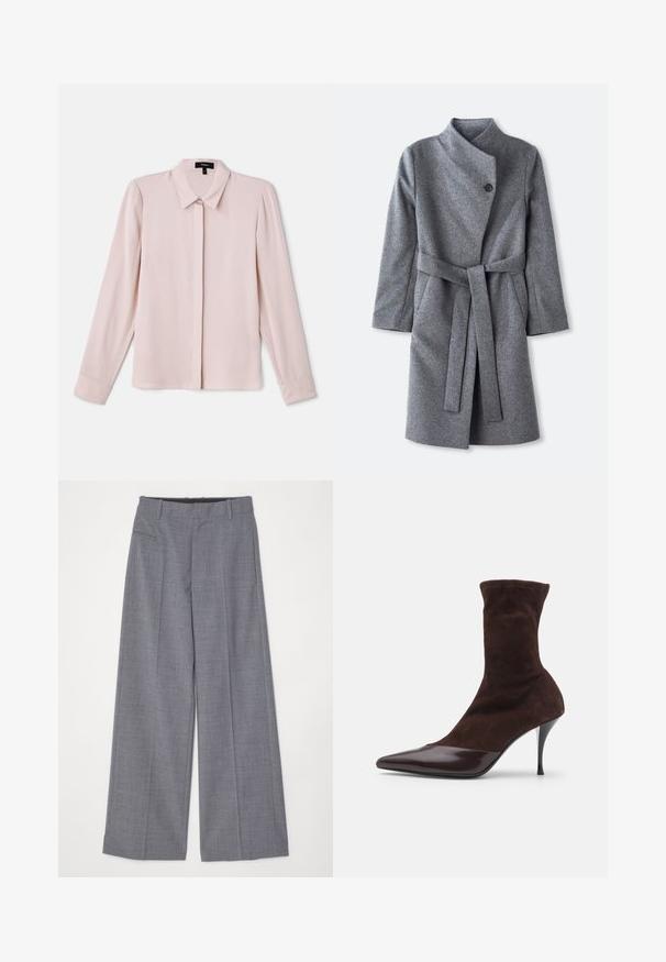 Palton lung din lână gri, cu guler înalt, închidere cu un singur nasture negru aproape de gât, două buzunare laterale și curea asortată legată la talie.; Bluză lungă cu mâneci și guler, de culoare roz deschis, cu închidere frontală cu nasturi și textură moale. Prezintă plii subtile și mâneci cu mansete.; MM6 Maison Margiela PANTS - Pantaloni - grey melange; Botine din suede maro cu vârf ascuțit și capac din piele patent burgundie lucioasă, având un toc subțire de tip stiletto și un brâu texturat.