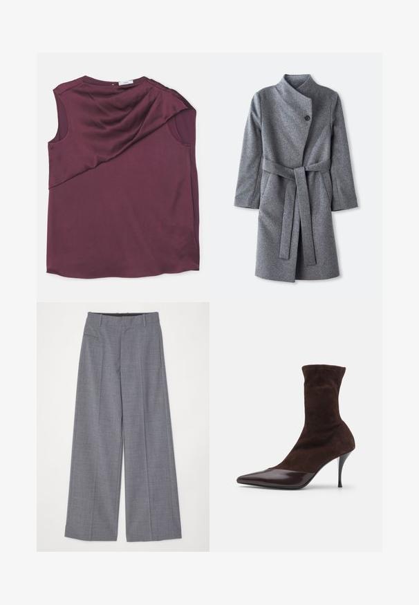 Long grey wool coat with high collar, single black button closure near neck, two side pockets, and matching belt tied at waist.; Burgundy sleeveless top made of smooth fabric with a draped design, featuring an asymmetrical cut and a rounded neckline.; MM6 Maison Margiela PANTS - Trousers - grey melange; Brown suede ankle boot with pointed toe and glossy burgundy patent leather toe cap, featuring a slim stiletto heel and textured upper.
