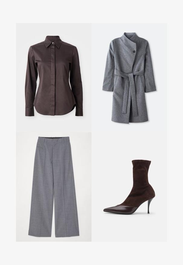Long grey wool coat with high collar, single black button closure near neck, two side pockets, and matching belt tied at waist.; Dark brown long-sleeve button-up shirt with pointed collar and concealed placket on a white background.; MM6 Maison Margiela PANTS - Trousers - grey melange; Brown suede ankle boot with pointed toe and glossy burgundy patent leather toe cap, featuring a slim stiletto heel and textured upper.