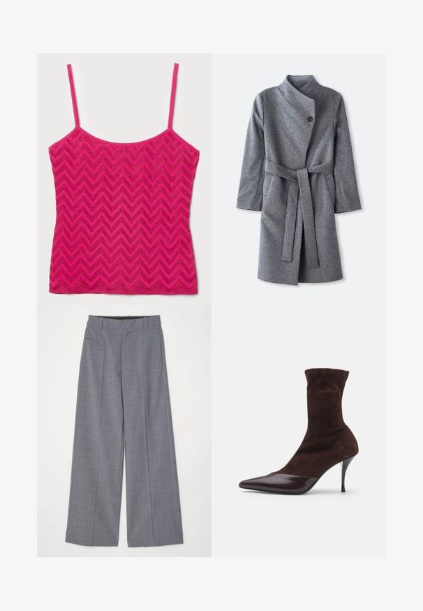 Dlhý sivý vlnený kabát s vysokým golierom, s jedným čiernym gombíkom na zapínanie pri krku, dvoma bočnými vreckami a zodpovedajúcim pásom zaviazaným v páse.; Ružový top s tenkými ramienkami, s chevronovým vzorom v textúrovanej látke. Priamy lem, jednoduchý dizajn a živá farba.; MM6 Maison Margiela PANTS - Nohavice - grey melange; Hnedé semišové kotníkové topánky s špicatou špičkou a lesklým burgundským lakovaným capom, s úzkym stilettom a textúrovaným zvrškom.
