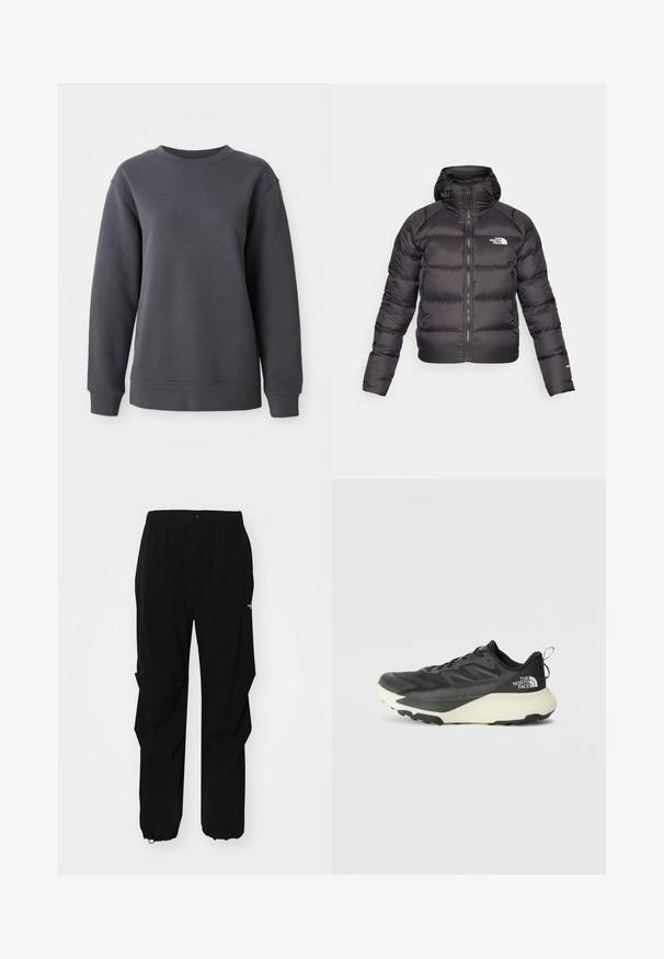 Black puffer jacket with a zip front and hood. Features quilted texture, elastic cuffs, and logo on the left chest. Lightweight insulation.; Gray sweatshirt made of textured fabric, featuring a crew neck, long sleeves, and ribbed cuffs and hem, with a relaxed fit.; Black outdoor pants made from durable material, featuring a relaxed fit, elastic waistband, and cinched cuffs for adjustable length.; Black athletic shoe with a textured upper, featuring gray accents and a white midsole. Includes a pull tab and prominent brand logo on the heel.