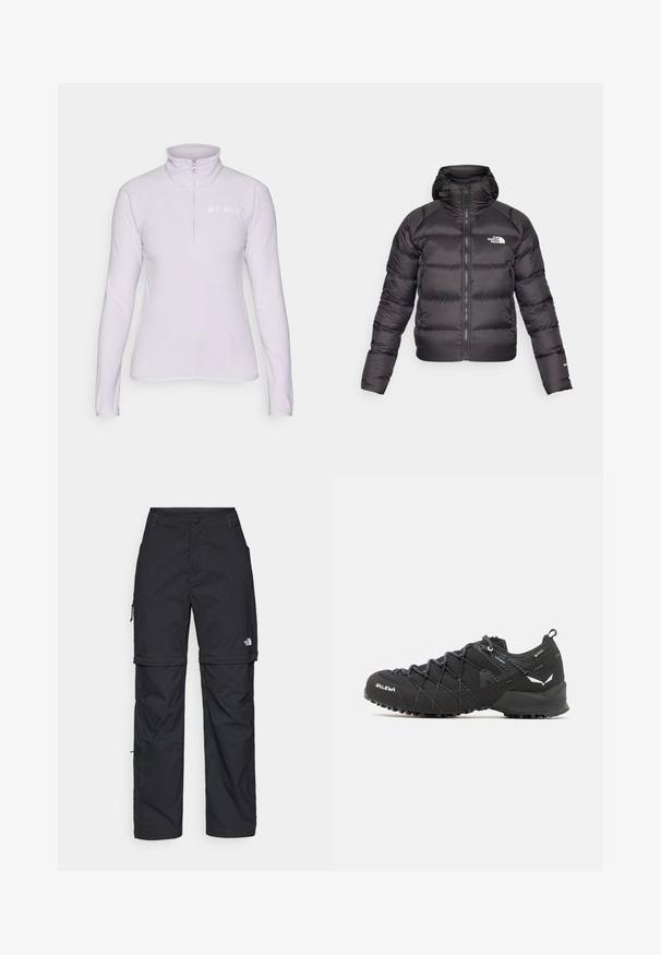 Čierna nafúknutá bunda s predným zipsom a kapucňou. Obsahuje prešívanú textúru, elastické manžety a logo na ľavej hrudi. Ľahká izolácia.; Svetlofialový fleecový pulóver s golierom na zips. Má dlhé rukávy a biele logo na ľavej strane hrudníka. Mäkká textura.; Čierne nylonové cargo nohavice s odnímateľnými nohavicami, nastaviteľnými manžetami, viacerými vreckami a logom na pravej nohe. Hladká, ľahká textúra.; Čierne turistické topánky s textúrovaným textilným zvrškom, viazacím systémom a robustnou gumovou podrážkou. Ozdobené reflexnými detailmi a logami.