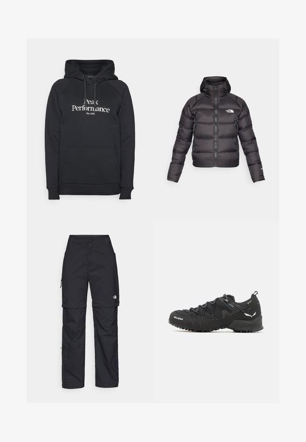 Schwarze Daunenjacke mit durchgehendem Reißverschluss und Kapuze. Verfügt über eine gesteppten Struktur, elastische Bündchen und ein Logo auf der linken Brust. Leichte Isolierung.; Peak Performance ORIGINAL HOOD - Kapuzenpullover - black/off white; Schwarze Nylon-Zip-Off-Cargohosen mit verstellbaren Bündchen, mehreren Taschen und einem Logo am rechten Bein. Glatte, leichte Textur.; Schwarze Wanderschuhe mit einem strukturierten Obermaterial aus Stoff, Schnürsystem und robuster Gummisohle. Akzentuiert mit reflektierenden Details und Logos.