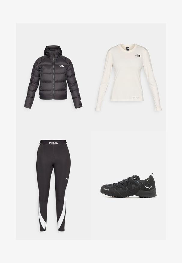 Giacca a vento nera con zip frontale e cappuccio. Presenta una texture trapuntata, polsini elastici e logo sul petto sinistro. Isolamento leggero.; The North Face SHADOW LONG SLEEVE - Maglietta a manica lunga - white dune; Leggings sportivi neri con pannello laterale bianco, logo PUMA sulla parte superiore della cintura, e un tessuto liscio ed elastico.; Scarpe da trekking nere con tomaia in tessuto testurizzato, sistema di allacciatura e suola in gomma robusta. Accentuate da dettagli riflettenti e loghi.
