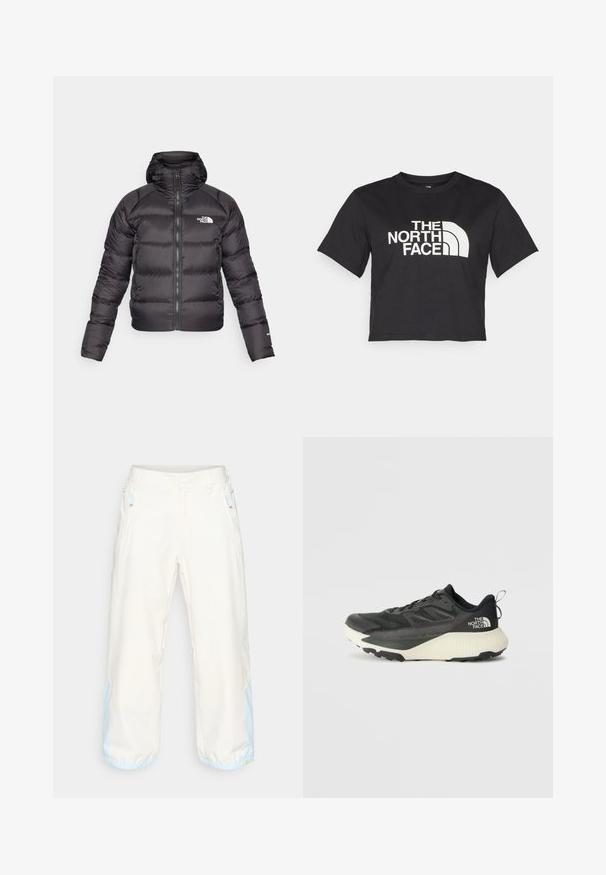 Μαύρο μπουφάν πούφ με μπροστινό φερμουάρ και κουκούλα. Διαθέτει ραφές με επένδυση, ελαστικές μανσέτες και λογότυπο στο αριστερό στήθος. Ελαφριά μόνωση.; Μαύρο κοντό μπλουζάκι φτιαγμένο από βαμβάκι, με λευκό λογότυπο με καμπυλωτές λεπτομέρειες και κείμενο "THE NORTH FACE" στο μπροστινό μέρος. Κοντά μανίκια, στρογγυλή λαιμόκοψη.; Ανοιχτό μπεζ παντελόνι με φαρδιά γραμμή και λείο υλικό, με μπλε λεπτομέρειες στις μανσέτες και πλαϊνές τσέπες με φερμουάρ. Ελαφρύ ύφασμα.; Μαύρο αθλητικό παπούτσι με υφή στο επάνω μέρος, διαθέτει γκρι λεπτομέρειες και λευκή ενδιάμεση σόλα. Περιλαμβάνει ετικέτα έλξης και έντονο λογότυπο μάρκας στη φτέρνα.