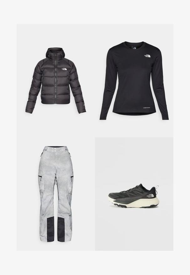 Czarna kurtka puchowa z zamkiem z przodu i kapturem. Posiada pikowaną fakturę, elastyczne mankiety oraz logotyp na lewej piersi. Lekka izolacja.; The North Face - Bluzka z długim rękawem; Szare spodnie narciarskie w kratkę, z czarnymi akcentami, regulowanym pasem, zamkami błyskawicznymi w kieszeniach oraz wzmocnionymi czarnymi mankietami.; Czarne sportowe buty z teksturowaną cholewką, z szarymi akcentami i białą podeszwą środkową. Zawierają pętelkę do zakładania oraz wyraźne logo marki na pięcie.