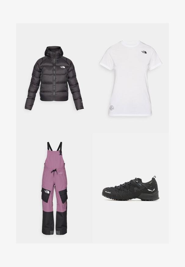 Svart puffjakke med glidelås foran og hette. Har kviltet tekstur, elastiske mansjetter og logo på venstre bryst. Lett isolasjon.; Hvit bomull T-skjorte med en svart logo på venstre bryst og et grått grafisk design nederst til høyre. Klassisk rund hals og korte ermer.; Lilla vanntette bib overaller med svarte detaljer, justerbare stropper, flere lommer og logodetalj på venstre side.; Sorte tursko med teksturert stoffoverdel, snøresystem og røff gummisåle. Utsmykket med reflekterende detaljer og logoer.