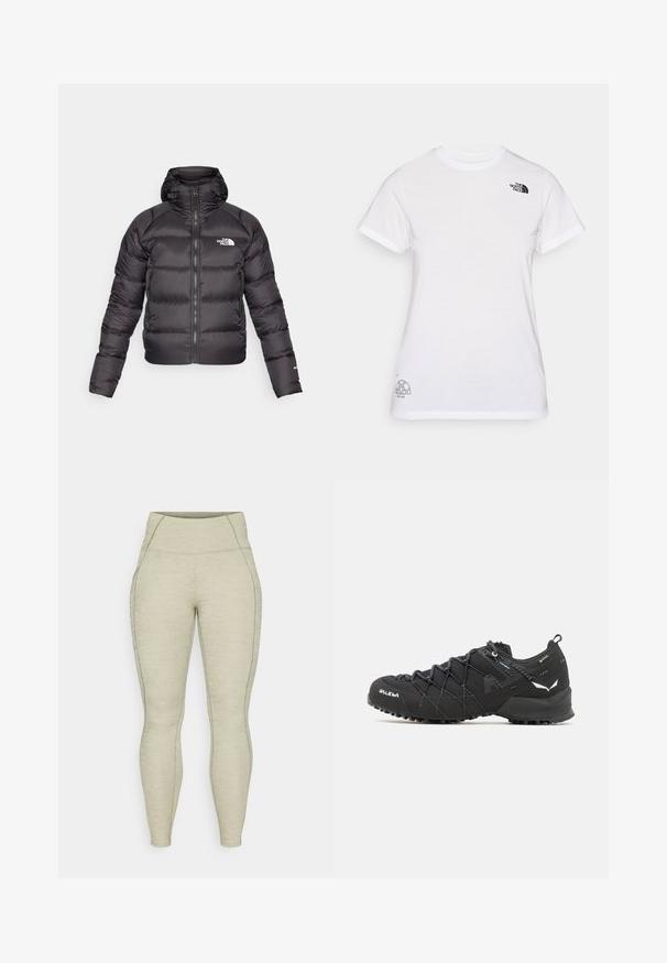 Black puffer jacket with a zip front and hood. Features quilted texture, elastic cuffs, and logo on the left chest. Lightweight insulation.; White cotton t-shirt featuring a black logo on the left chest and a gray graphic design at the bottom right. Classic crew neck and short sleeves.; Light grey athletic leggings with a high waistband, textured material, smooth stitching, and side pocket detail. Fitted design throughout.; Black hiking shoes with a textured fabric upper, lacing system, and rugged rubber sole. Accented with reflective details and logos.