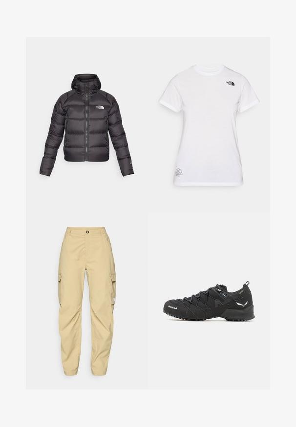 Mustand puffer jope, millel on ees lukk ja kapuuts. Omab täitematerjaliga tekstuuri, elastseid mansette ja logo vasakul rinnal. Kerge soojendus.; Valge puuvillane T-särk, millel on must logo vasakul rinnal ja hall graafiline disain alumises paremas nurgas. Klassikaline ümar kaelus ja lühikesed varrukad.; The North Face EXPLORATION CARGO PANTS - Õuepüksid - khaki stone; Mustad matkajalatsid tekstuurse kangas ülaosaga, sidumisüsteemiga ja jäiga kummitaldiga. Kaunistatud peegeldavate detailide ja logodega.