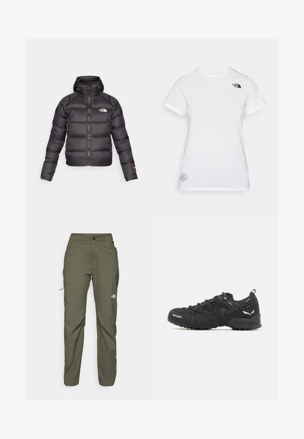 Svart puffjakke med glidelås foran og hette. Har kviltet tekstur, elastiske mansjetter og logo på venstre bryst. Lett isolasjon.; Hvit bomull T-skjorte med en svart logo på venstre bryst og et grått grafisk design nederst til høyre. Klassisk rund hals og korte ermer.; The North Face EXPLORATION PANTS - Friluftsbukser - new taupe green; Sorte tursko med teksturert stoffoverdel, snøresystem og røff gummisåle. Utsmykket med reflekterende detaljer og logoer.