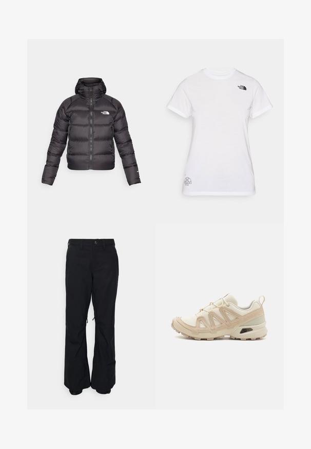 Svart puffjacka med zip-up fram och huva. Har kviltad textur, elastiska mudd och logotyp på vänster bröst. Lätt isolering.; Vit bomullströja med en svart logotyp på vänster bröst och en grå grafisk design längst ned till höger. Klassisk rund hals och korta ärmar.; Svarta utomhusbyxor gjorda av slitstark tyg med rak bendesign, som har justerbara manchetter och sidofickor för funktionalitet.; Beige och krämfärgad atletisk sko med texturerad meshovandel, stöttande överdrag och gummisulor med ett mönster för grepp.