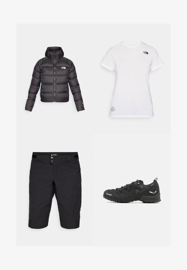 Casaco puffer preto com fecho frontal e capuz. Apresenta textura acolchoada, punhos elásticos e logotipo no peito esquerdo. Isolamento leve.; T-shirt branca de algodão com um logótipo preto no lado esquerdo do peito e um design gráfico cinza na parte inferior direita. Decote redondo clássico e mangas curtas.; Calças cortas pretas feitas de um tecido durável, com fecho de botão, faixa na cintura lisa e bolsos laterais, apresentando um design limpo e minimalista.; Botas de caminhada pretas com parte superior em tecido texturizado, sistema de atacadores e sola de borracha robusta. Apresentam detalhes refletivos e logótipos.