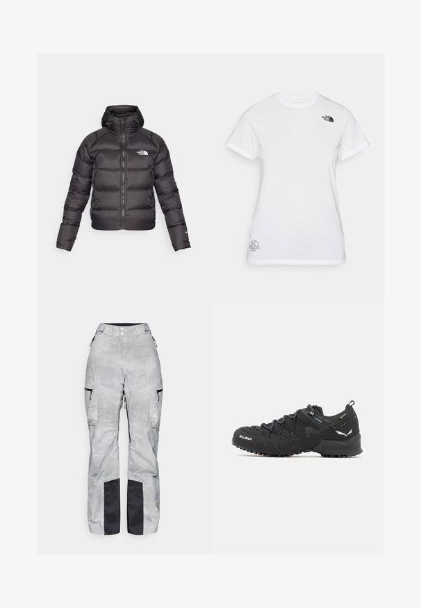 Doudoune noire avec une fermeture éclair à l'avant et une capuche. Présente une texture matelassée, des poignets élastiques et un logo sur la poitrine gauche. Isolation légère.; T-shirt en coton blanc avec un logo noir sur la poitrine gauche et un design graphique gris en bas à droite. Col rond classique et manches courtes.; Pantalon de neige gris avec un motif à carreaux, présentant des accents noirs, une taille ajustable, des poches zippées et des poignets noirs renforcés.; Chaussures de randonnée noires avec une tige en tissu texturé, un système de laçage et une semelle en caoutchouc robuste. Agrémentées de détails réfléchissants et de logos.