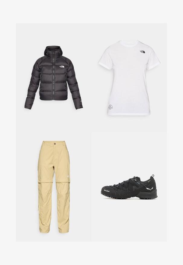 Mustand puffer jope, millel on ees lukk ja kapuuts. Omab täitematerjaliga tekstuuri, elastseid mansette ja logo vasakul rinnal. Kerge soojendus.; Valge puuvillane T-särk, millel on must logo vasakul rinnal ja hall graafiline disain alumises paremas nurgas. Klassikaline ümar kaelus ja lühikesed varrukad.; Kerged helebeezid cargo püksid, mis on valmistatud kergest kangast, omavad ketti külgedel, nuppude sulgemist ja logo paremal reiel.; Mustad matkajalatsid tekstuurse kangas ülaosaga, sidumisüsteemiga ja jäiga kummitaldiga. Kaunistatud peegeldavate detailide ja logodega.