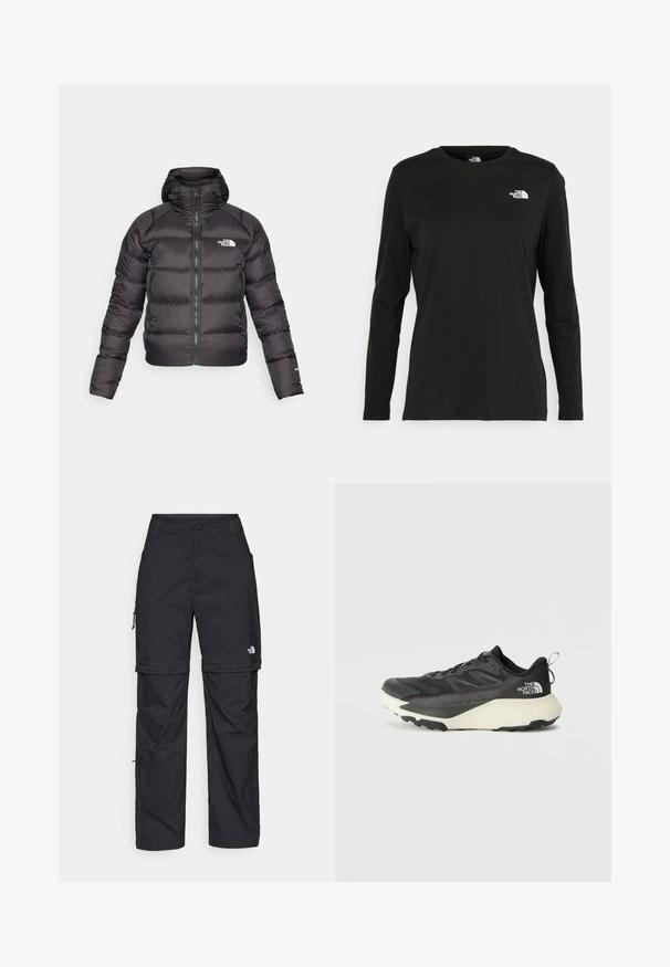 Jachetă puffer neagră cu fermoar frontal și glugă. Prezintă o textură matlasată, manșete elastice și logo pe partea stângă a pieptului. Izolație ușoară.; Iarna neagră cu mânecă lungă, din bumbac, cu guler rotund. Prezintă un mic logo alb în zona pieptului stâng. Design simplu și croi lejer.; Pantaloni cargo din nylon negru, cu fermoar detașabil, manșete ajustabile, multiple buzunare și un logo pe piciorul drept. Textură netedă și ușoară.; Pantofii sport negri cu un superior texturat, având accente gri și o talpă intermediară albă. Include un sistem de prindere și un logo de marcă proeminent pe călcâi.