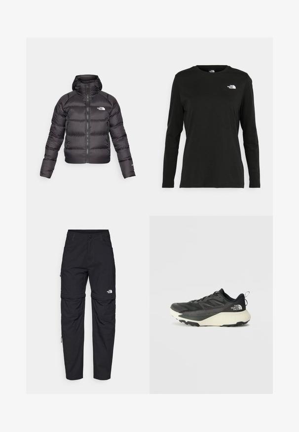 Casaco puffer preto com fecho frontal e capuz. Apresenta textura acolchoada, punhos elásticos e logotipo no peito esquerdo. Isolamento leve.; T-shirt preto de mangas longas, feito de algodão, com decote redondo. Apresenta um pequeno logótipo branco na área esquerda do peito. Design simples e ajuste confortável.; Calças pretas com zíper removível, feitas de um tecido leve. As características incluem um fecho de botão, bolsos e o logótipo "The North Face" na perna.; Shoe atlético preto com um cabedal texturizado, apresentando detalhes em cinza e uma entressola branca. Inclui uma alça e um logótipo da marca em destaque no calcanhar.