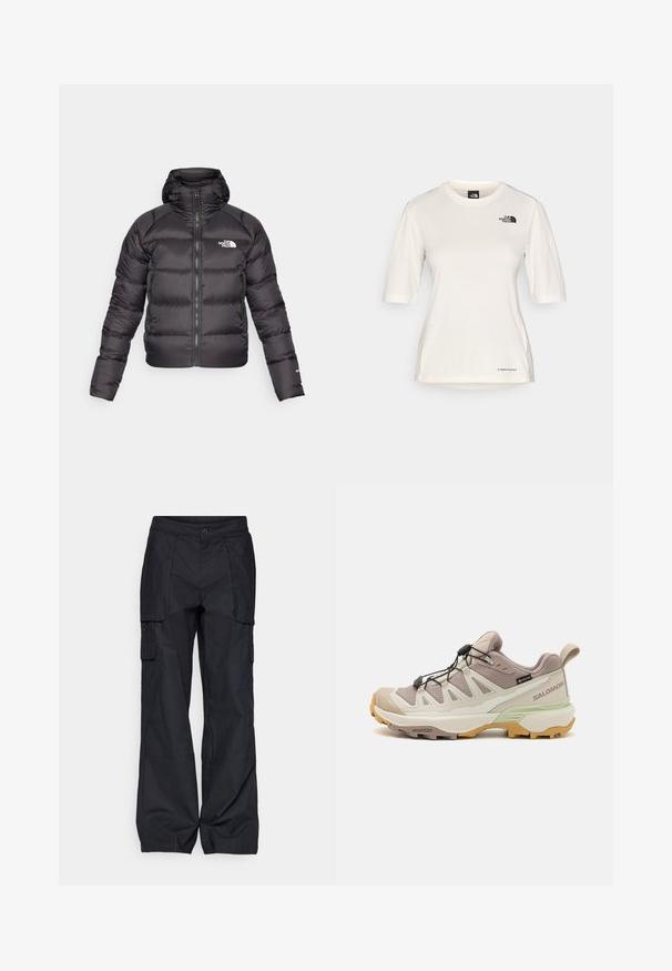 Schwarze Daunenjacke mit durchgehendem Reißverschluss und Kapuze. Verfügt über eine gesteppten Struktur, elastische Bündchen und ein Logo auf der linken Brust. Leichte Isolierung.; The North Face SHADOW SHORT SLEEVE - Sport T-Shirt - white dune; Columbia BREA FALLS™ COTTON RIPSTOP PANT - Outdoor-Hose - black; Leichtgewichtiger Wanderschuh mit einem beige und mintgrünen Design. Strukturiertes Obermaterial, Gummisohle, schnelles Schnürsystem und kontrastierende gelbe Akzente.