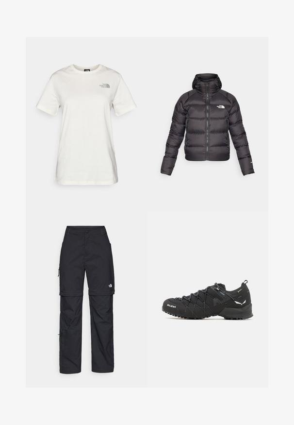 Fekete puffertakaó cipzárral és kapucnival. Steppelt textúrával, elasztikus mandzsettákkal és bal oldalon logóval rendelkezik. Könnyű szigetelés.; Krémszínű pamut póló rövid ujjakkal, kerek nyakkivágással és egy kis zöld logóval a bal mellkason. Simább tapintás, laza szabás.; Fekete nylon zipzáras cargo nadrág állítható mandzsettával, több zsebbel és logóval a jobb lábon. Simább, könnyű textúra.; Fekete túracipők texturált szövet felső résszel, fűzési rendszerrel és strapabíró gumitalppal. Reflektáló részletekkel és logókkal díszítve.