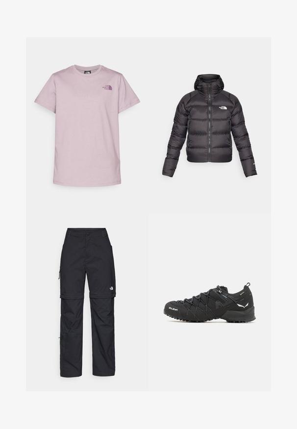 Juodas pūkinis švarkas su užtrauktuku priekyje ir gobtuvu. Pasižymi siuvinėjimu, elastinėmis rankogaliais ir logotipu kairėje krūtinės pusėje. Lengvas izoliavimas.; The North Face BOX RELAXED TEE - Marškinėliai su spaudiniu - purple chalk/midnight mauve; Juodos nailoninės krovinių kelnės su reguliuojamais rankovėmis, daugybe kišenių ir logo ant dešinės kojos. Lygi, lengva tekstūra.; Juodi žygio batai su tekstūruotu audiniu, raišteliais ir tvirtu guma padu. Papuošti atspindinčiomis detalėmis ir logotipais.