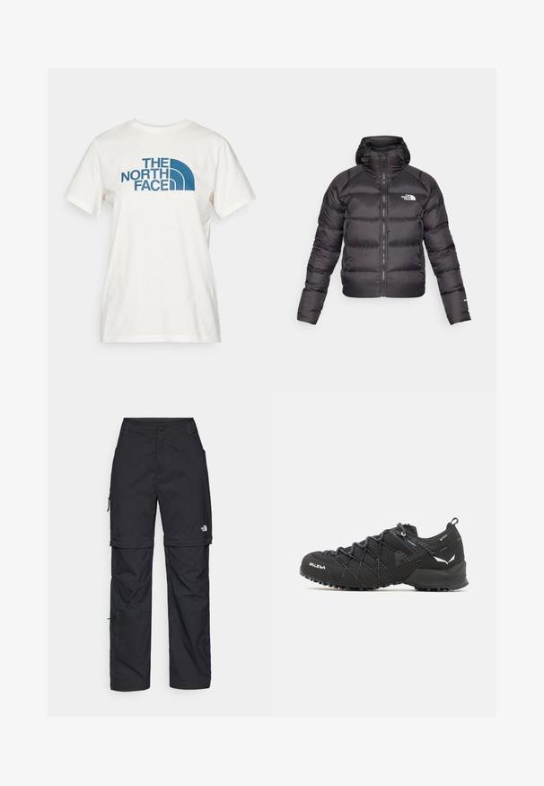 Czarna kurtka puchowa z zamkiem z przodu i kapturem. Posiada pikowaną fakturę, elastyczne mankiety oraz logotyp na lewej piersi. Lekka izolacja.; The North Face - T-shirt z nadrukiem; Czarne nylonowe spodnie cargo z odpinanymi nogawkami, regulowanymi mankietami, wieloma kieszeniami oraz logo na prawej nogawce. Gładka, lekka tekstura.; Czarne buty trekkingowe z teksturowaną cholewką z tkaniny, systemem sznurowania i wytrzymałą gumową podeszwą. Udekorowane odblaskowymi detalami i logo.