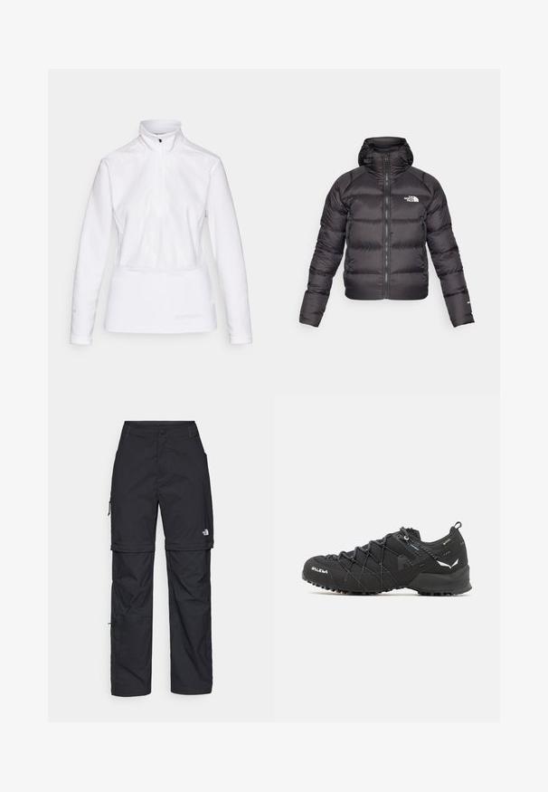 Svart puffjacka med zip-up fram och huva. Har kviltad textur, elastiska mudd och logotyp på vänster bröst. Lätt isolering.; Vit långärmad topp med halvdragkedja, med ett subtilt vågmönster och textilstruktur, designad för aktiv klädsel.; Svarta nylonbyxor med avtagbara ben, justerbara muddar, flera fickor och en logotyp på högra benet. Slät, lätt textur.; Svarta vandringsskor med ett texturerat tygöverdrag, snörningssystem och slitstark gummisula. Prydda med reflekterande detaljer och logotyper.