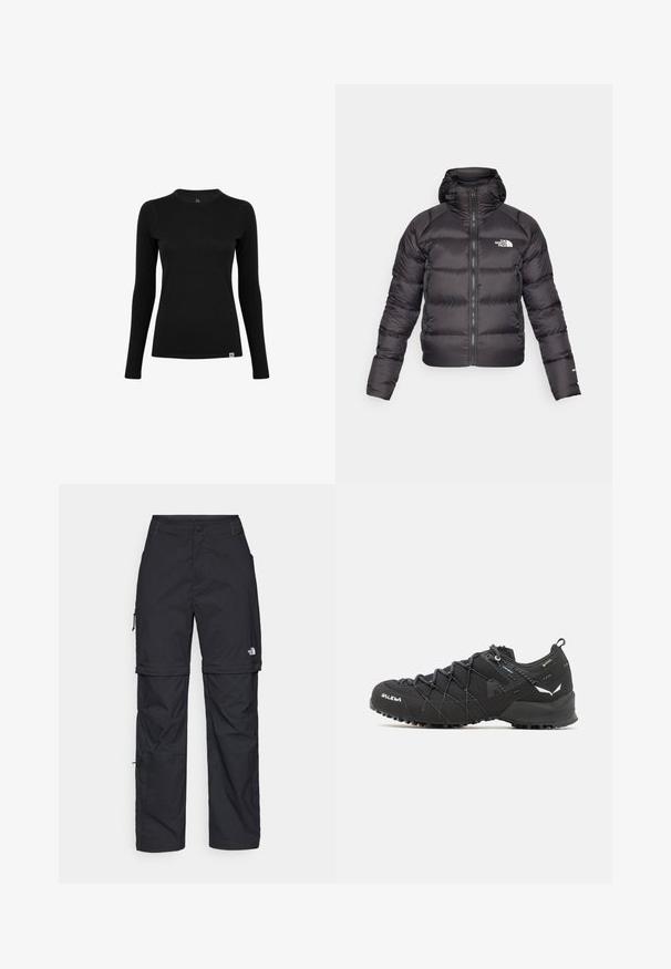Czarna kurtka puchowa z zamkiem z przodu i kapturem. Posiada pikowaną fakturę, elastyczne mankiety oraz logotyp na lewej piersi. Lekka izolacja.; Czarna koszula z długim rękawem wykonana z gładkiej tkaniny, z okrągłym dekoltem. Posiada subtelną metkę z logo w dolnym lewym rogu. Minimalistyczny design.; Czarne nylonowe spodnie cargo z odpinanymi nogawkami, regulowanymi mankietami, wieloma kieszeniami oraz logo na prawej nogawce. Gładka, lekka tekstura.; Czarne buty trekkingowe z teksturowaną cholewką z tkaniny, systemem sznurowania i wytrzymałą gumową podeszwą. Udekorowane odblaskowymi detalami i logo.