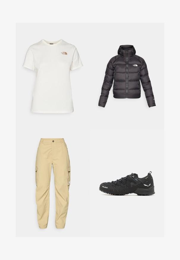 Sort dunjakke med lynlås foran og hætte. Har quiltet tekstur, elastiske manchetter og logo på venstre bryst. Letvægtsisolering.; Bomulds T-shirt i off-white med korte ærmer. Har "The North Face" logo i brun på venstre bryst. Klassisk crew neck design.; The North Face EXPLORATION CARGO PANTS - Outdoorbukser - khaki stone; Sorte vandresko med en tekstureret stofoverdel, snøresystem og robust gummisål. Accenteret med reflekterende detaljer og logoer.