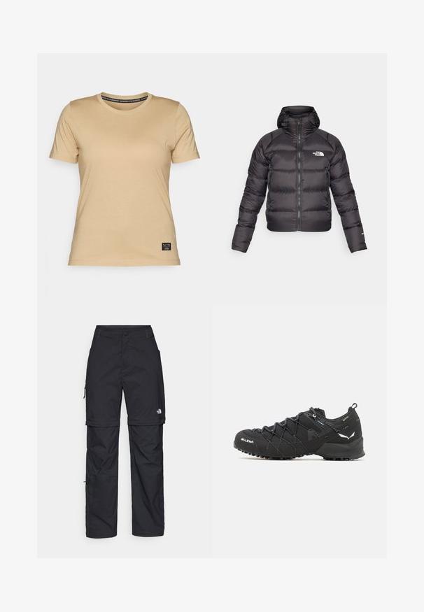 Zwarte pufferjack met een rits aan de voorkant en een capuchon. Heeft een gewatteerde textuur, elastische manchetten en een logo op de linkerkant van de borst. Lichtgewicht isolatie.; Salewa EAGLE LOGO PATCH - T-shirt basic - quicksand; Zwarte nylon cargo broek met afneembare pijpen, verstelbare manchetten, meerdere zakken en een logo op het rechterbeen. Gladde, lichte textuur.; Zwarte wandelschoenen met een bovenkant van textuurstof, een vetersysteem en een robuuste rubberen zool. Verfraaid met reflecterende details en logo's.