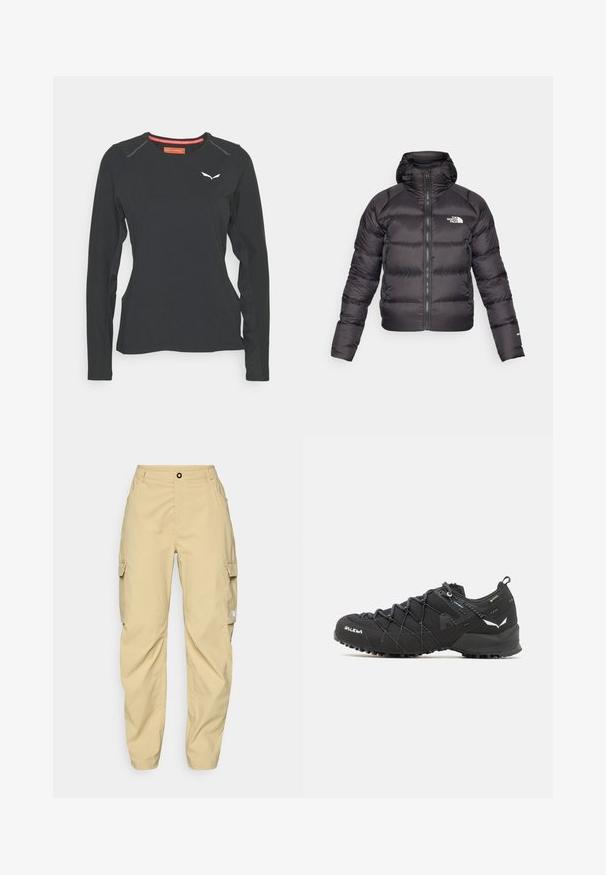 Mustand puffer jope, millel on ees lukk ja kapuuts. Omab täitematerjaliga tekstuuri, elastseid mansette ja logo vasakul rinnal. Kerge soojendus.; Salewa PEDROC DRY TEE W. - Pikkade varrukatega topp - black out; The North Face EXPLORATION CARGO PANTS - Õuepüksid - khaki stone; Mustad matkajalatsid tekstuurse kangas ülaosaga, sidumisüsteemiga ja jäiga kummitaldiga. Kaunistatud peegeldavate detailide ja logodega.