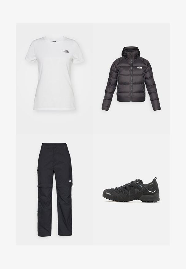 Crna puffer jakna s patentnim zatvaračem sprijeda i kapuljačom. Ima kvadratni uzorak, elastične manšete i logo na lijevoj strani prsa. Lagana izolacija.; Bijela pamučna majica s okruglim izrezom, kratkim rukavima i malim crnim logotipom na lijevoj strani prsnog koša. Glatka tekstura i prilagođeni kroj.; Crne najlon hlače s munjevim zatvaranjem, odvojive cargo hlače s podesivim manžetama, brojnim džepovima i logom na desnoj nozi. Glatka, lagana tekstura.; Crne planinarske cipele s gornjim dijelom od teksturirane tkanine, sistemom vezivanja i čvrstim gumenim potplatom. Osvijetljene reflektirajućim detaljima i logotipima.