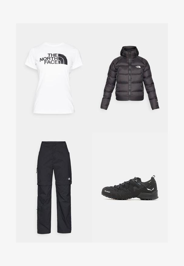 Melnā pūkainā jaka ar rāvējslēdzēju priekšā un kapuci. Iekļauj iešūtu struktūru, elastīgus tēlus un logo kreisajā krūtī. Viegls siltinājums.; Balts kokvilnas T-krekls ar melnu grafiku, kurā redzams "THE NORTH FACE" logo uz priekšpuses. Īsas piedurknes un apaļa kakla izgriezums.; Melni nailona bikses ar noņemamām kājām, regulējamiem uzmavām, vairākām kabatām un logotipu uz labās kājas. Gluda, viegla tekstūra.; Melnas pārgājienu kurpes ar teksturētu auduma virsu, šņorēšanas sistēmu un izturīgu gumijas zoli. Akcentētas ar atstarojošām detaļām un logo.