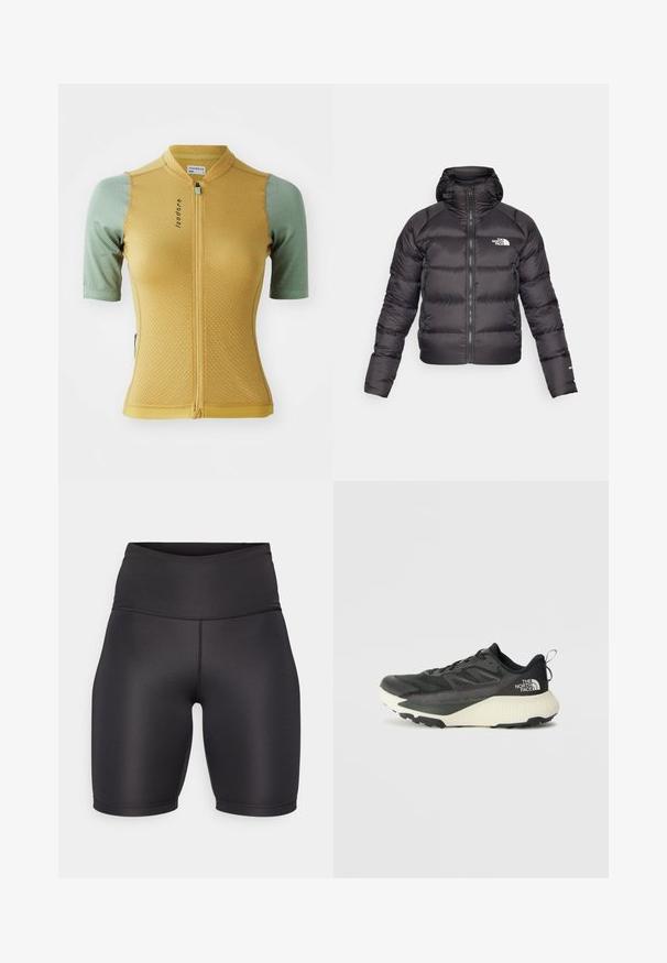 Black puffer jacket with a zip front and hood. Features quilted texture, elastic cuffs, and logo on the left chest. Lightweight insulation.; Yellow and green cycling jersey with short sleeves, textured fabric, front zipper, and a logo on the chest. Features a fitted design.; Black athletic shorts with a high waistband, made of smooth, stretchy fabric. Features a seamless design and knee-length cut.; Black athletic shoe with a textured upper, featuring gray accents and a white midsole. Includes a pull tab and prominent brand logo on the heel.