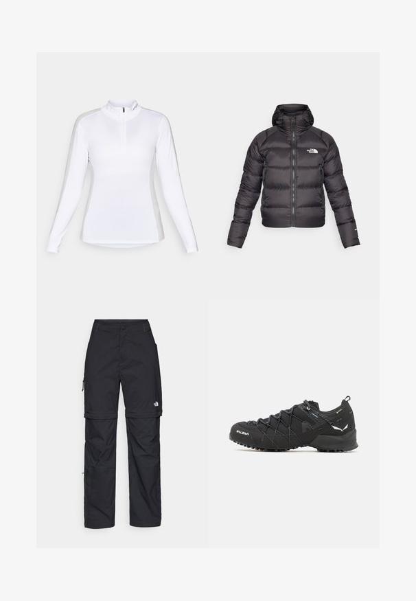 Zwarte pufferjack met een rits aan de voorkant en een capuchon. Heeft een gewatteerde textuur, elastische manchetten en een logo op de linkerkant van de borst. Lichtgewicht isolatie.; Langoramige witte sportshirt met een ritskraag. Kenmerkt zich door een naadloos ontwerp en een aansluitende stijl, geschikt voor buitensportactiviteiten.; Zwarte nylon cargo broek met afneembare pijpen, verstelbare manchetten, meerdere zakken en een logo op het rechterbeen. Gladde, lichte textuur.; Zwarte wandelschoenen met een bovenkant van textuurstof, een vetersysteem en een robuuste rubberen zool. Verfraaid met reflecterende details en logo's.