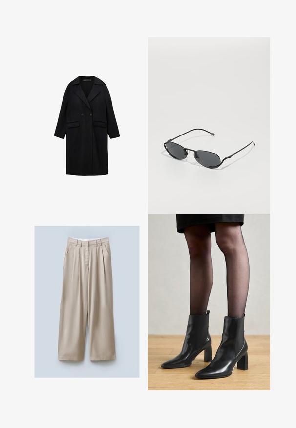 Schwarzer Wollmischungs-Mantel mit Reverskragen, doppelt geknöpftem Verschluss, zwei vorderen Taschen und Ärmeln in Drei-Viertel-Länge.; Weiße Bluse mit langen Ärmeln, klassischem Kragen, vorderer Knopfleiste und gerafftem Seitendetail. Glattes Material mit taillierter Form.; Ärmelloses graues Rollkragenoberteil aus weichem Strickmaterial, mit taillierter Form und hohem Kragen. Glatte Textur mit minimalen Details.; Beige weite Hose mit strukturiertem Finish, ausgestattet mit zwei Seitentaschen, vorderen Falten und einem Bund für einen sicheren Sitz.; Schwarze Leder-Ankle-Boots mit spitzer Zehenform, klobigem quadratischem Absatz und schlankem Design. Verfügt über elastische seitliche Einsätze für leichtes An- und Ausziehen.; Schwarze Sonnenbrille mit schmalen ovalen Gläsern, dünnen Metallrahmen und verstellbaren Nasenpads. Verfügt über ein elegantes, minimalistisches Design.