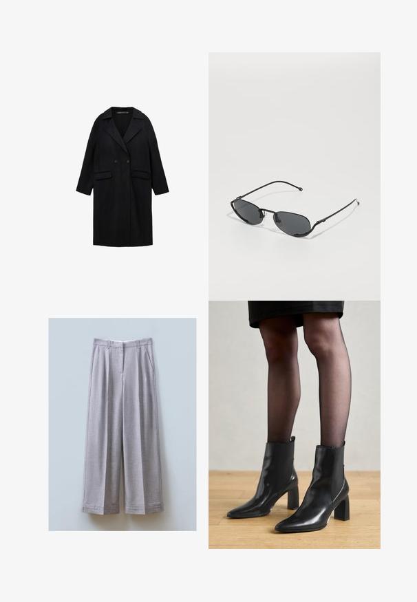 Sort uldblanding frakke med notch-krave, dobbeltknaplukning, to forlommer og 3/4-længde ærmer.; Hvid langærmet bluse med klassisk krave, knaplukning foran og samlede side detaljer. Glat stof med en skræddersyet form.; Ærmeløs grå turtleneck-top, lavet af blødt strikmateriale, med en tætsiddende form og høj halsudskæring. Glat tekstur med minimal detaljer.; Grå vidde bukser lavet af tekstureret stof med forkørsler, to sidelommer og lige kant.; Sorte læderankelstøvler med spids tå, kraftig firkantet hæl og slankt design. Har elastiske sidepaneler for nem påtagning.; Sorte solbriller med smalle ovale linser, tynde metalrammer og justerbare næsepuder. Har et strømlinet, minimalistisk design.