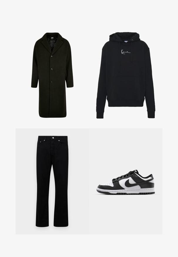 Cappotto verde scuro realizzato in tessuto spesso, con colletto a risvolto, quattro bottoni frontali e tasche laterali. Di lunghezza media con taglio dritto.; Felpa nera con cappuccio in tessuto morbido, dotata di una tasca frontale, lacci e ricamo del logo bianco sul petto. Design classico e polsini a coste.; Pantaloni in denim nero con un design a gamba dritta, dotati di cinque tasche, patta con bottone e dettagli in metallo argentato. Tessuto liscio.; Sneakers Nike Dunk in bianco e nero con tomaia in pelle, punta perforata, lacci neri e suola in gomma nera con design della tacco.