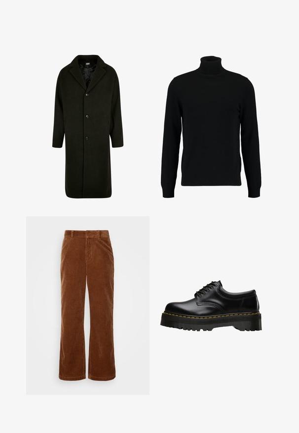 Donkergroene jas van dik materiaal, met een geklapte kraag, vier knopen aan de voorkant en zijzakken. Midi-lengte met een rechte snit.; Zwarte coltrui gemaakt van een zacht breimateriaal. Heeft lange mouwen, een geribbelde kraag en zoom. Eenvoudig, strak ontwerp zonder patronen.; Bruine corduroy broek met een wijde pijpdesign, gekenmerkt door een verticale ribbelstructuur, een knoopsluiting en standaard riemlussen.; Zwarte leren veterschoen met een dikke, getande zwarte rubberen zool en gele stiksels langs de rand, met een gladde afwerking.