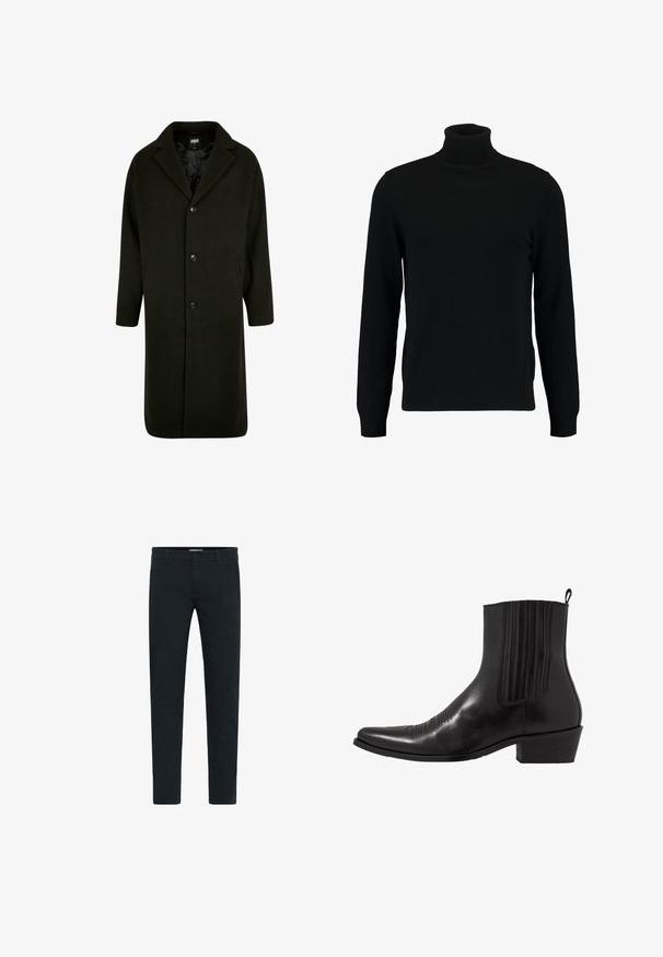 Tamsiai žalia mantija, pagaminta iš storos medžiagos, su įpjovimu apykakle, keturiomis priekinėmis sagomis ir šoninėmis kišenėmis. Vidutinio ilgio, tiesaus kirpimo.; Juodas megztinis su aukštu kaklu, pagamintas iš minkštos mezgimo medžiagos. Turi ilgomis rankovėmis, raukšlėtą apykaklę ir apatinę dalį. Paprastas, elegantiškas dizainas be raštų.; Juodi medvilniniai kelnių modeliai su siauru siluetu, užsegami mygtuku ir užtrauktuku, turintys penkis kišenes ir lygų tekstūrą. Paprastas dizainas be raštų.; Juodas odinis kulkšninis botas su smailiu pirštu, elastingomis šoninėmis dalimis, vertikaliu siuvinėjimu ir žemu stačiakampiu kulnu.