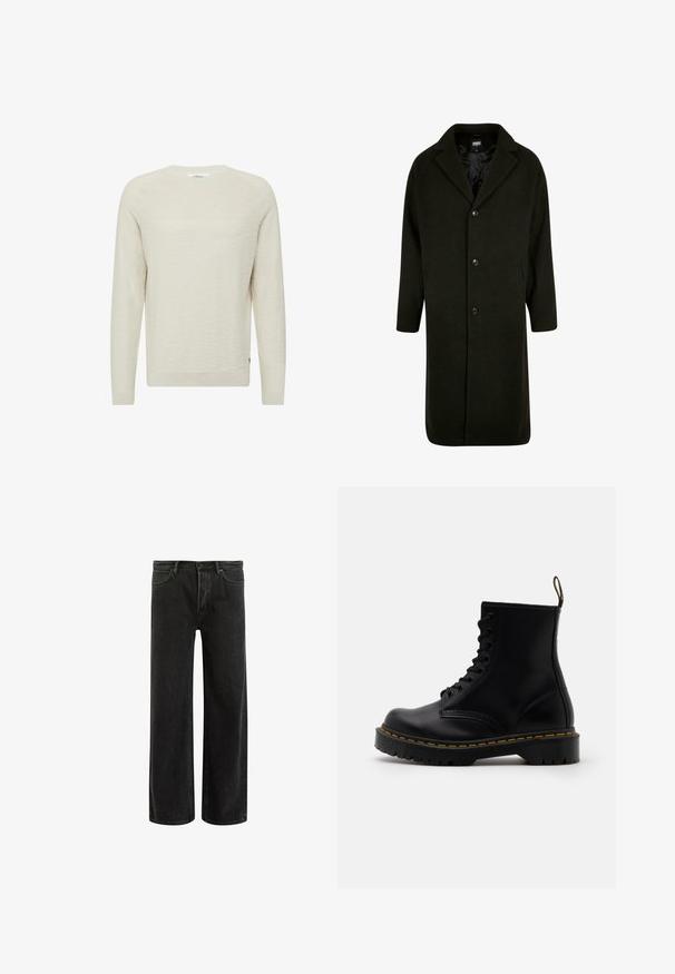 Dunkelgrüner Mantel aus dickem Stoff, mit einem geknöpften Kragen, vier Frontalknöpfen und seitlichen Taschen. Mittellang mit geradem Schnitt.; Helles beigefarbenes Sweatshirt aus strukturierter Strickware. Verfügt über einen gerippten Rundhalsausschnitt und lange Ärmel, mit einem dezenten Muster im gesamten Material.; Schwarze, weit geschnittene Jeans aus Denim mit hoher Taille, im klassischen Fünf-Taschen-Design und subtilem Verblassen für eine strukturierte Optik.; Schwarze Leder-Ankle-Boots mit schnürbarem Vorderteil, gelben Nähten, runder Zehenpartie und dicker, strukturierter Gummisohle.