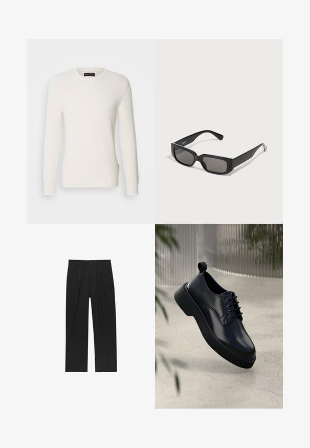 Dunkelgrüner Mantel aus dickem Stoff, mit einem geknöpften Kragen, vier Frontalknöpfen und seitlichen Taschen. Mittellang mit geradem Schnitt.; Marc O'Polo CREW NECK STRUCTURED WITH TIPPING - Strickpullover - gray silk; Schwarze Hose mit geradem Schnitt, aus einem glatten Stoff gefertigt. Verfügt über Vorderfalten und einen einzelnen Knopfverschluss an der Taille.; Schwarzer Lederschuh mit runder Spitze, Schnürdesign und einer dicken Gummisohle mit strukturiertem Rand. Schlanke Oberfläche und minimale Beschläge.; Schwarze rechteckige Sonnenbrille mit graugläsern, aus glattem Kunststoff. Verfügt über ein minimalistisches Design mit geraden Bügeln und subtiler Markenkennzeichnung.; Schwarze Leder-Umhängetasche mit silbernen Schnallen, gelben Nähten, verstellbarem Trageriemen und einer Fronttasche. Markenlogo auf der Vorderseite angezeigt.