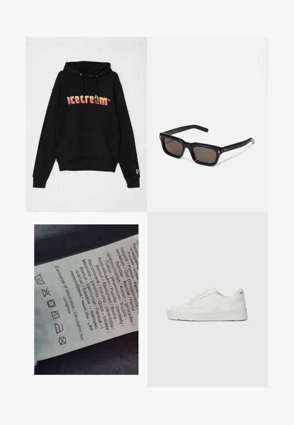 Dunkelgrüner Mantel aus dickem Stoff, mit einem geknöpften Kragen, vier Frontalknöpfen und seitlichen Taschen. Mittellang mit geradem Schnitt.; Schwarzer Hoodie mit einer Kapuze und frontaler Tasche. Enthält ein mehrfarbiges "icecream"-Textlogo und eine kleine Eiscreme-Grafik auf dem Ärmel.; Etikett mit mehrsprachigem Text, Pflegehinweisen und Recycling-Symbolen, auf einem weichen, textilähnlichen Material in heller Farbe gedruckt.; Weiße Ledersneaker mit glatter Oberfläche, runder Zehenpartie, flachen Schnürsenkeln und strukturiertem Sohlenprofil. Mit einem dezenten Logo an der Ferse.; Schwarze rechteckige Sonnenbrille mit dunklen Gläsern, dickem Kunststoffrahmen, goldenen Akzenten an den Bügeln und eingraviertem Markenlogo am Arm.