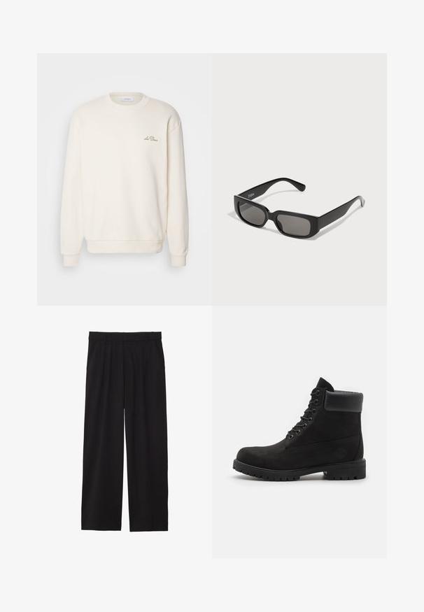 Ciemnozielony płaszcz o średniej długości, z wyciętym kołnierzem, czterema guzikami i bocznymi kieszeniami; wykonany z miękkiej, fakturowanej tkaniny.; Kremowa bluza z okrągłym dekoltem, z prążkowanymi mankietami i dołem. Posiada małe haftowane logo po lewej stronie klatki piersiowej. Miękki materiał.; Czarne spodnie w stylu szerokich nogawek z plisowanym przodem, bocznymi kieszeniami i gładką teksturą materiału. Zaprojektowane w luźnym kroju.; Czarne botki na kostkę z wiązaniem, z wyściełanym kołnierzem i solidną podeszwą, pokazane w profilu na białym tle.; Czarne prostokątne okulary przeciwsłoneczne z szaro zabarwionymi soczewkami, wykonane z gładkiego plastiku. Charakteryzują się minimalistycznym designem z prostymi zausznikami i subtelnym logo.